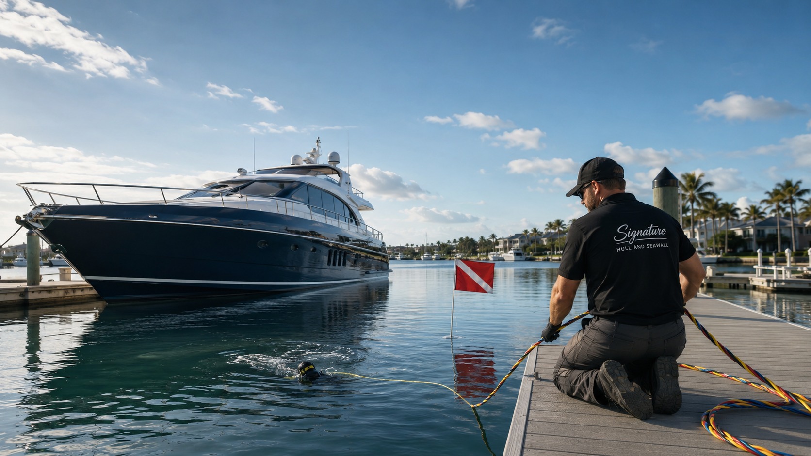 Signature Hull and Seawall technician tending an umbilical line on a dock while a diver works beneath a luxury yacht