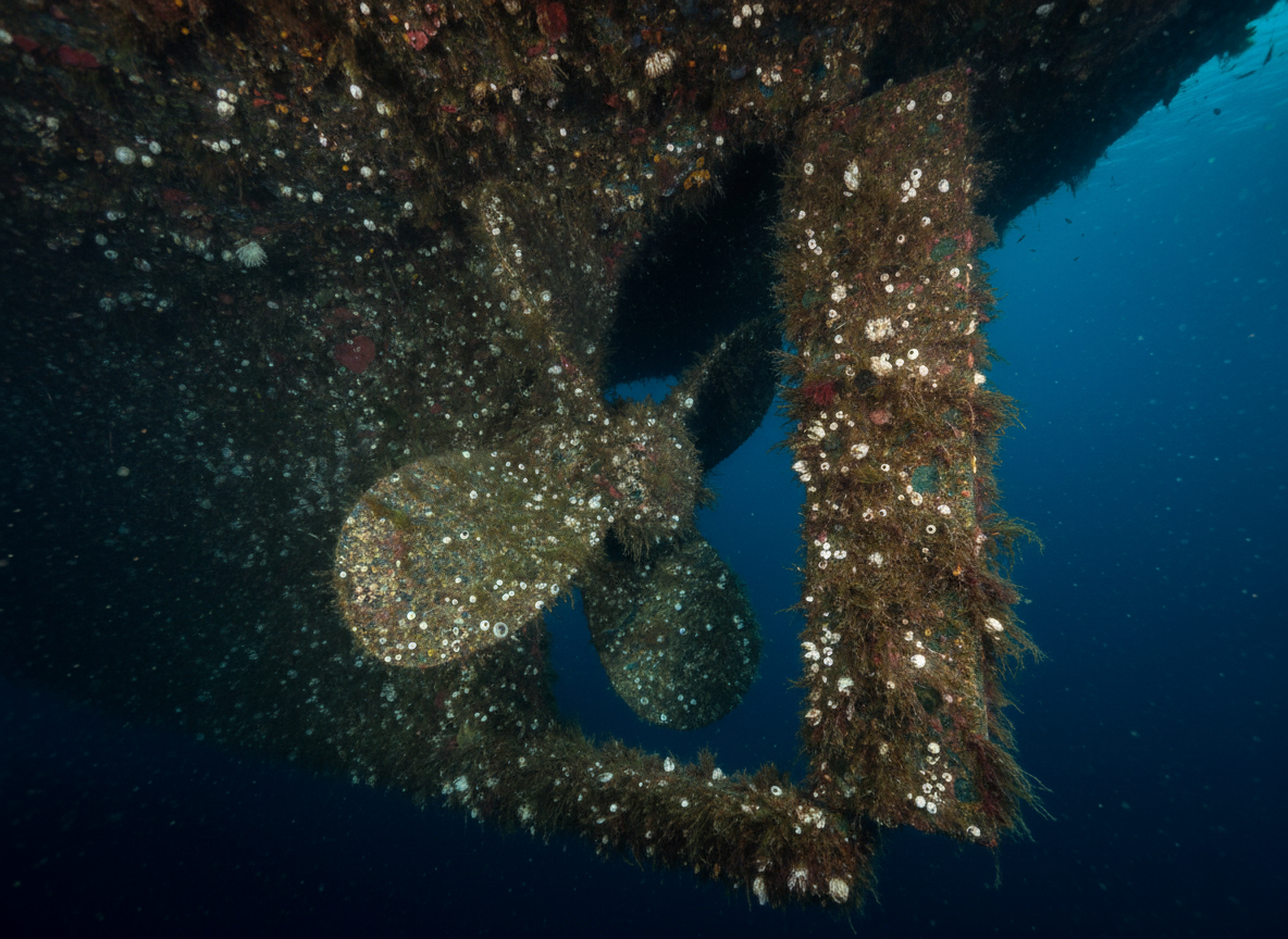 Boat hull covered in marine growth underwater